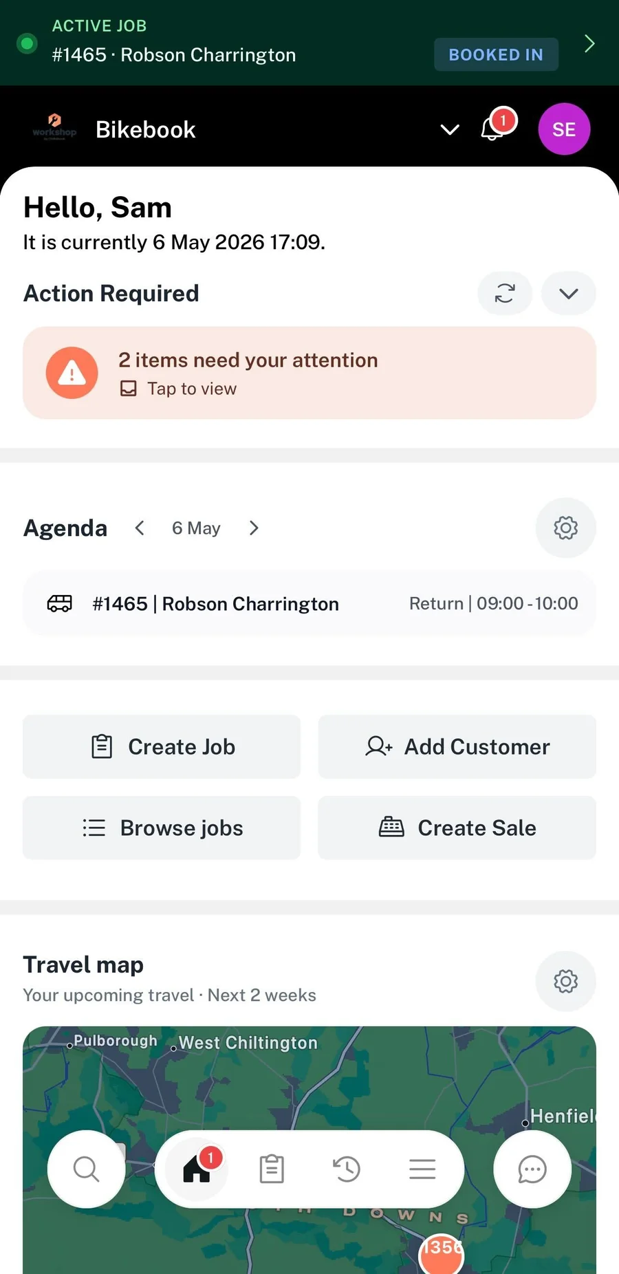 Workshop mobile app home screen with active job and today's agenda