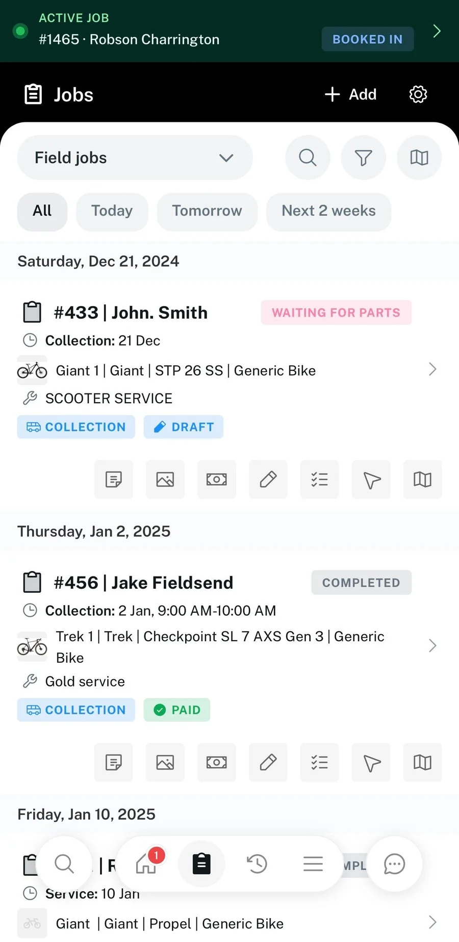 Workshop app jobs list with field jobs and statuses by date
