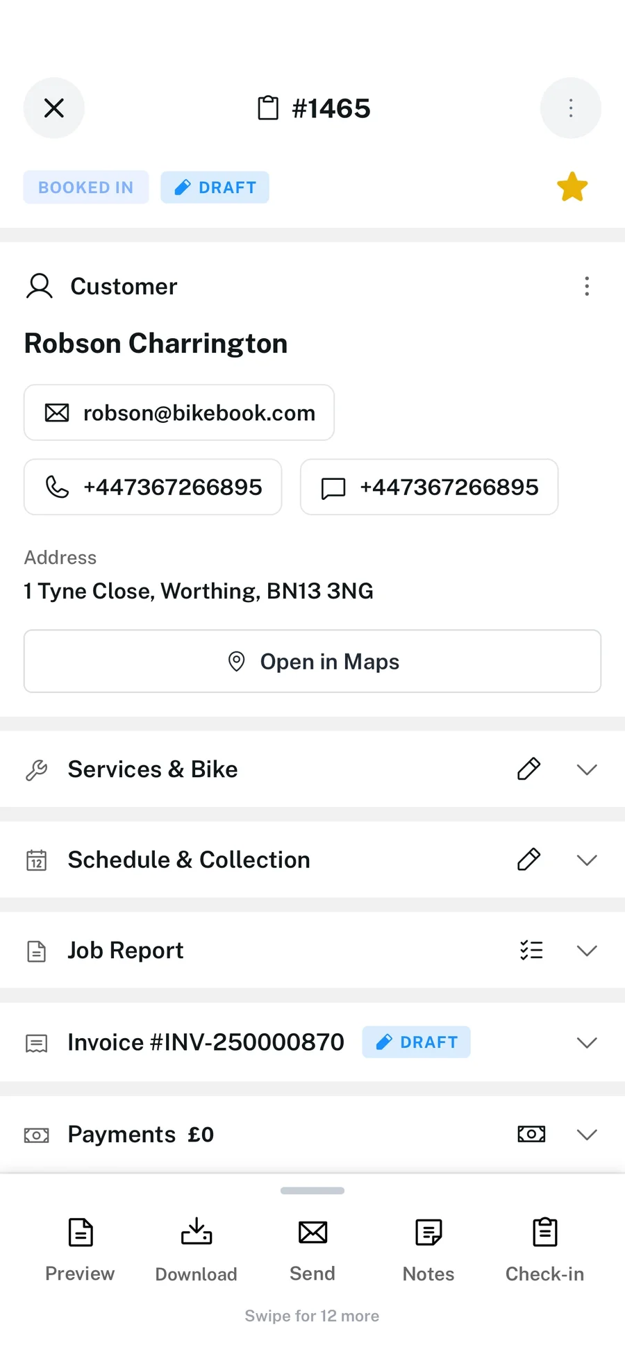 Job detail in the Workshop app with customer, services and schedule