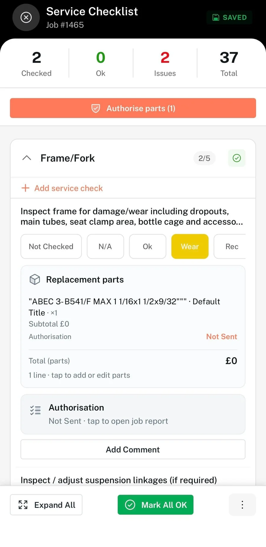 Service checklist with wear flagged and parts awaiting authorisation