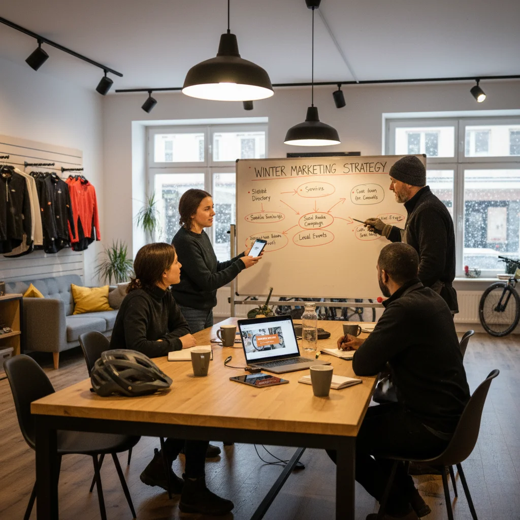 A team planning around a table in a bike shop