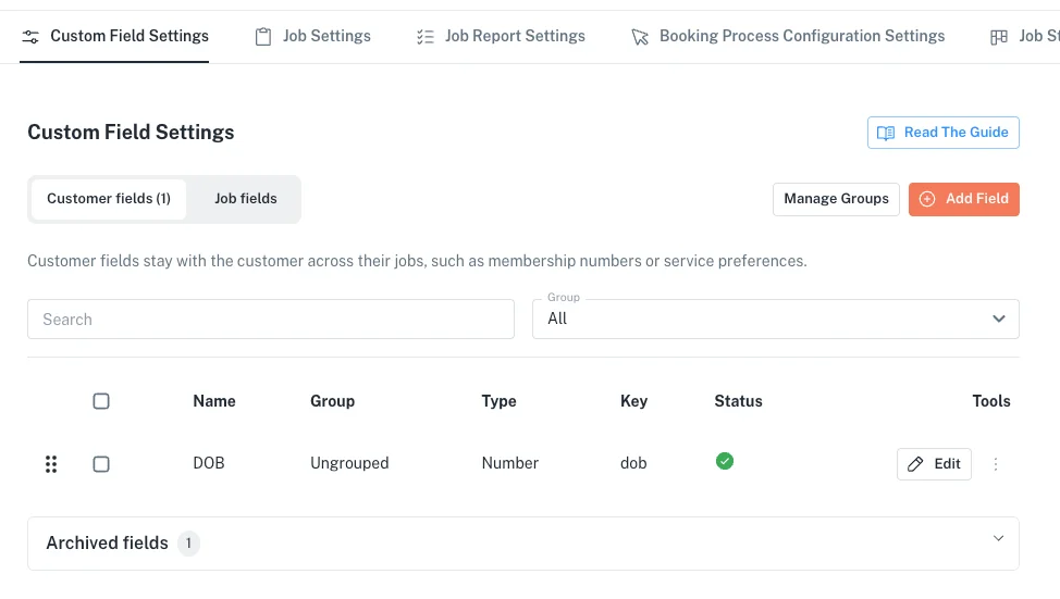 Custom Field Settings, with a customer field for date of birth