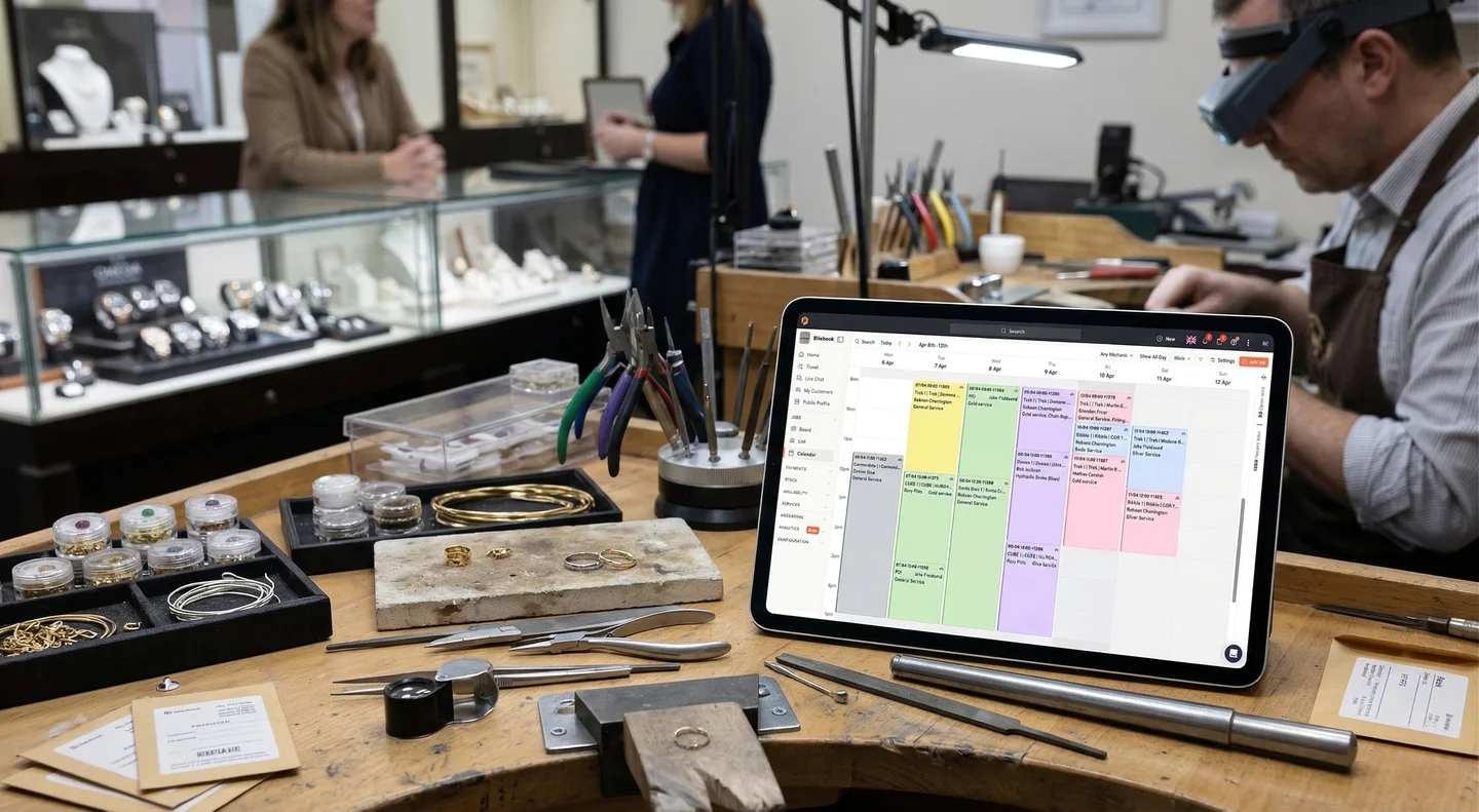 Jewellery workshop with Workshop scheduling on a tablet at the bench