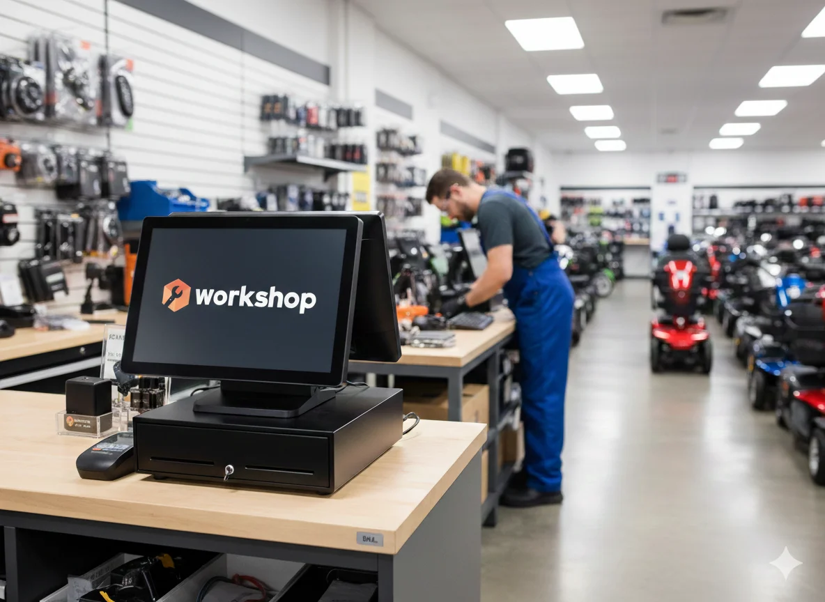Mobility shop counter running Workshop at the till with scooters in the showroom