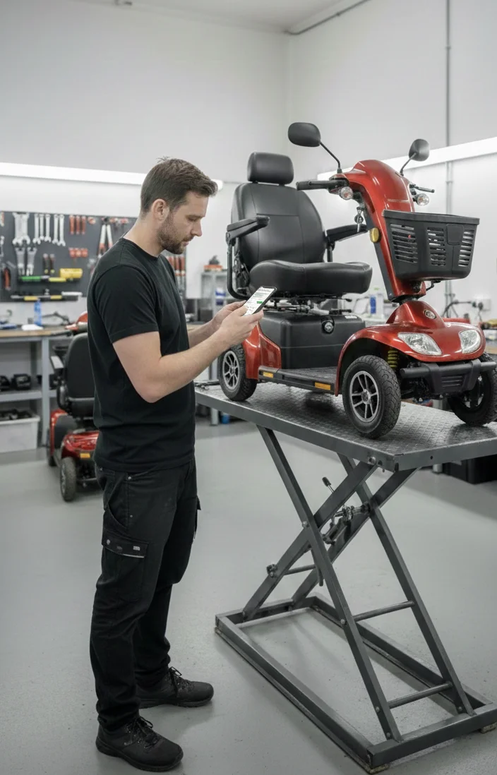 Technician servicing a mobility scooter on a workshop lift
