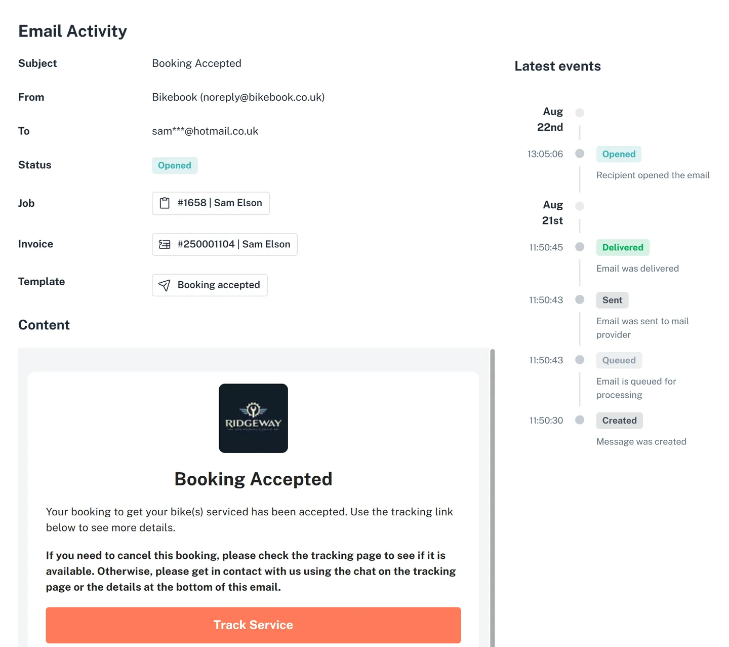 Email activity showing a booking accepted message with delivery and open tracking