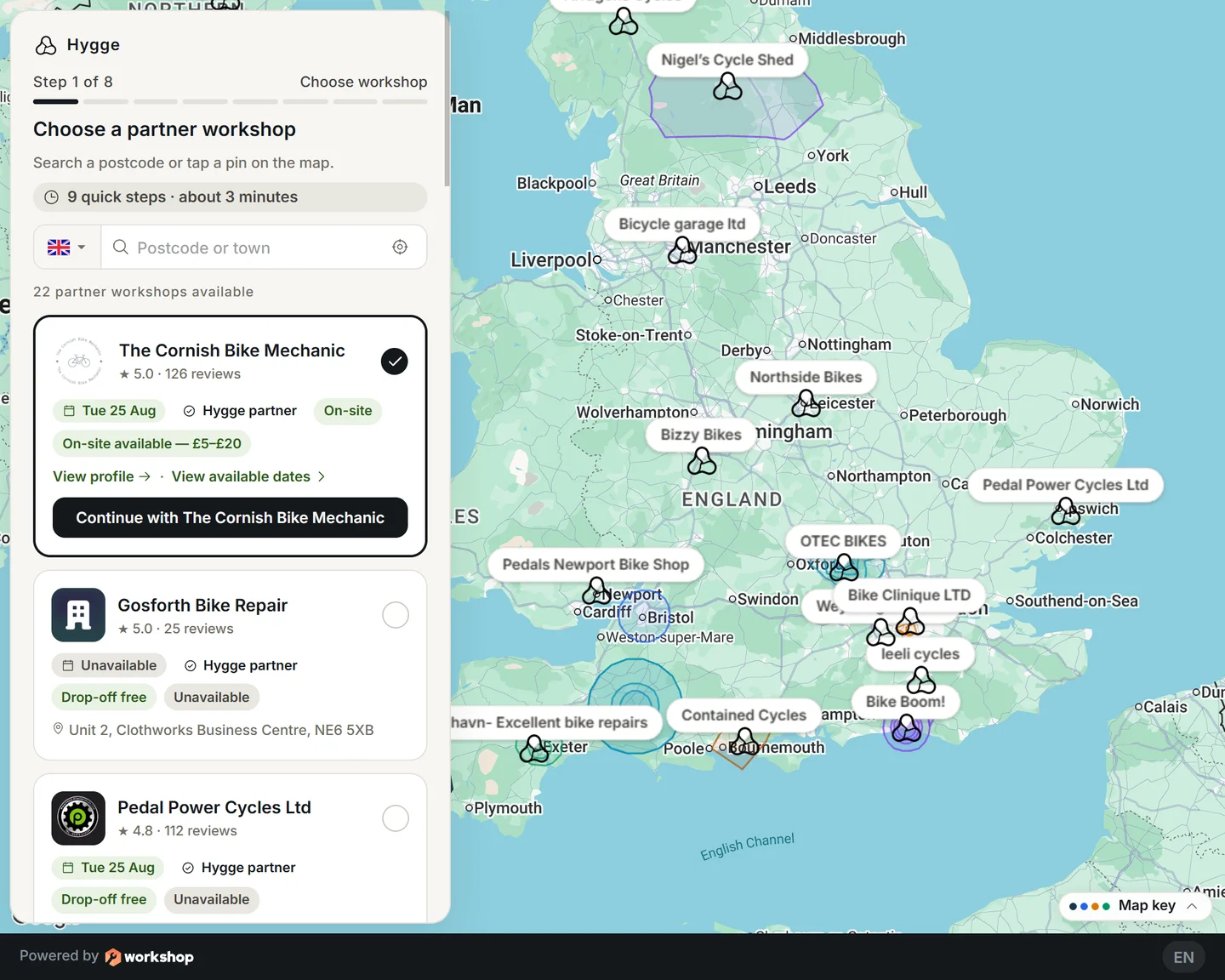 Workshop chooser embedded on a partner brand site with map and nearby workshops